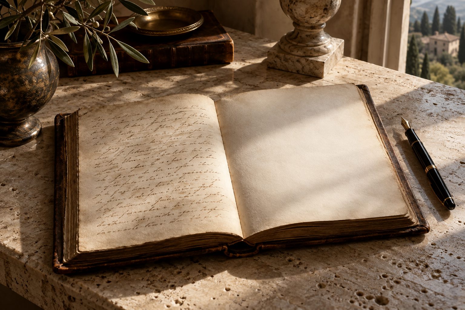 An open family book: one page written, one page blank