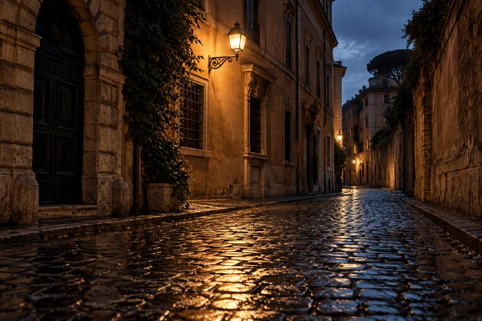 Wet Roman cobblestones at blue hour