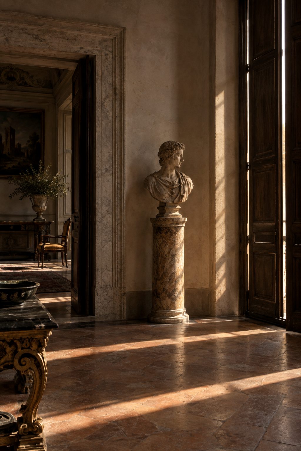 Blades of sunlight through the shutters of a Roman palazzo