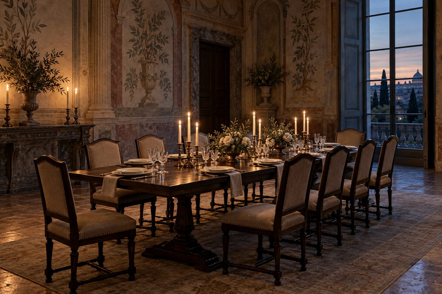 A long table set for ten guests in a Roman salon, candles lit